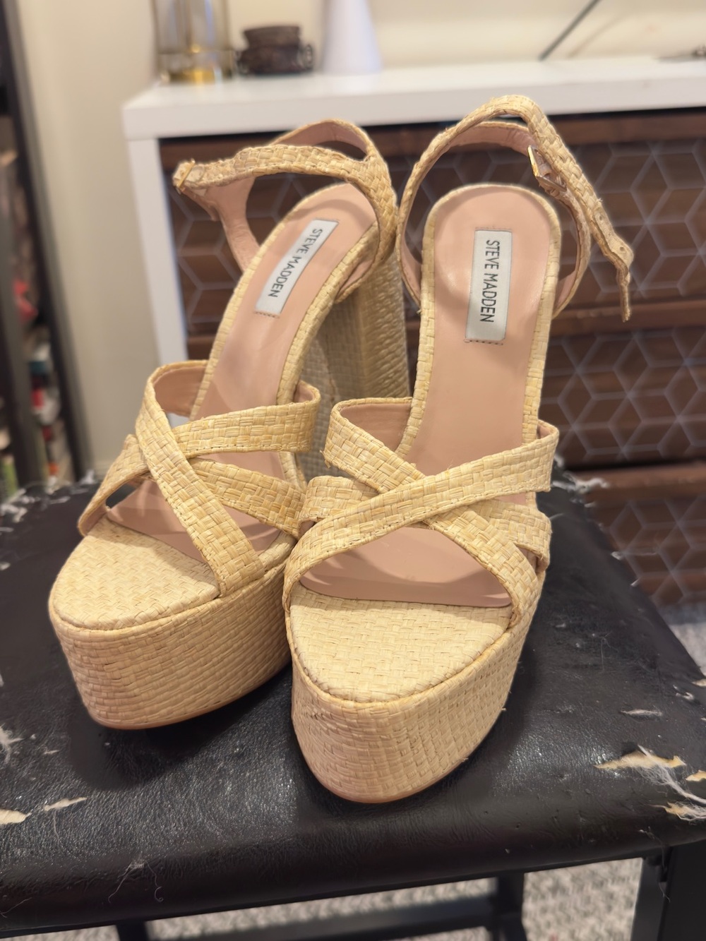 Steve Madden Cream Woven Platform Sandals with Ankle Strap